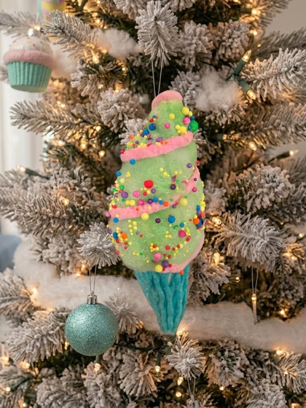 8" Pastel Ice Cream Cone Christmas Ornament - Green & Turquoise Foam Sweet Treat
